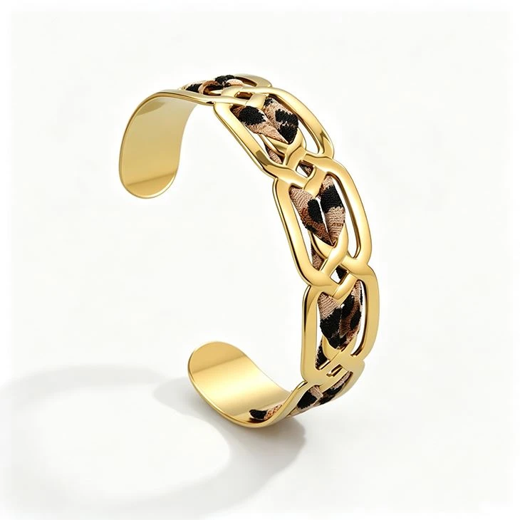 Bracelet manchette chaîne foulard léopard