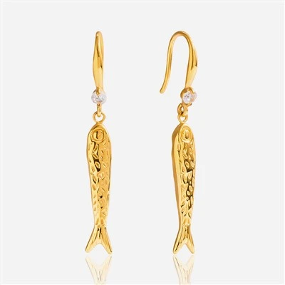 Boucle d'oreille pendante en forme de poisson martelé